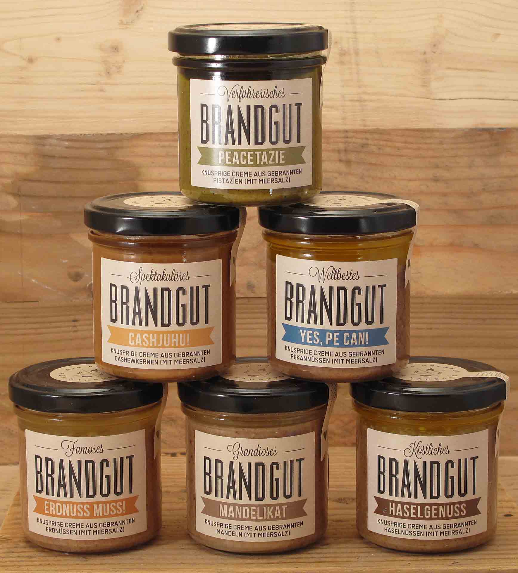 Brandgut Sechs Edelbrände im Glas - Knusprige Nusscremes