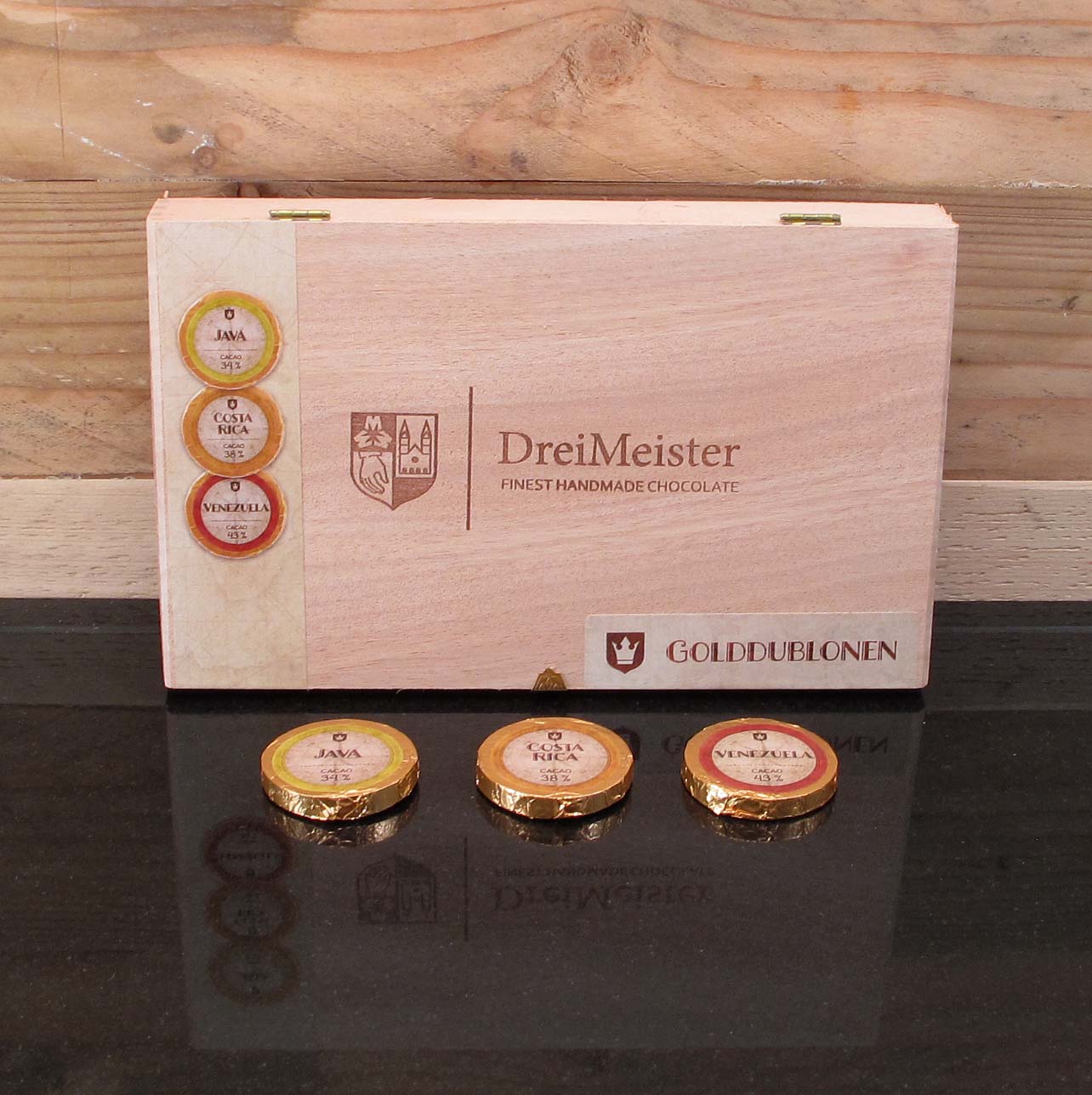 DreiMeister Holzkiste voller Golddublonen VOLLMILCH